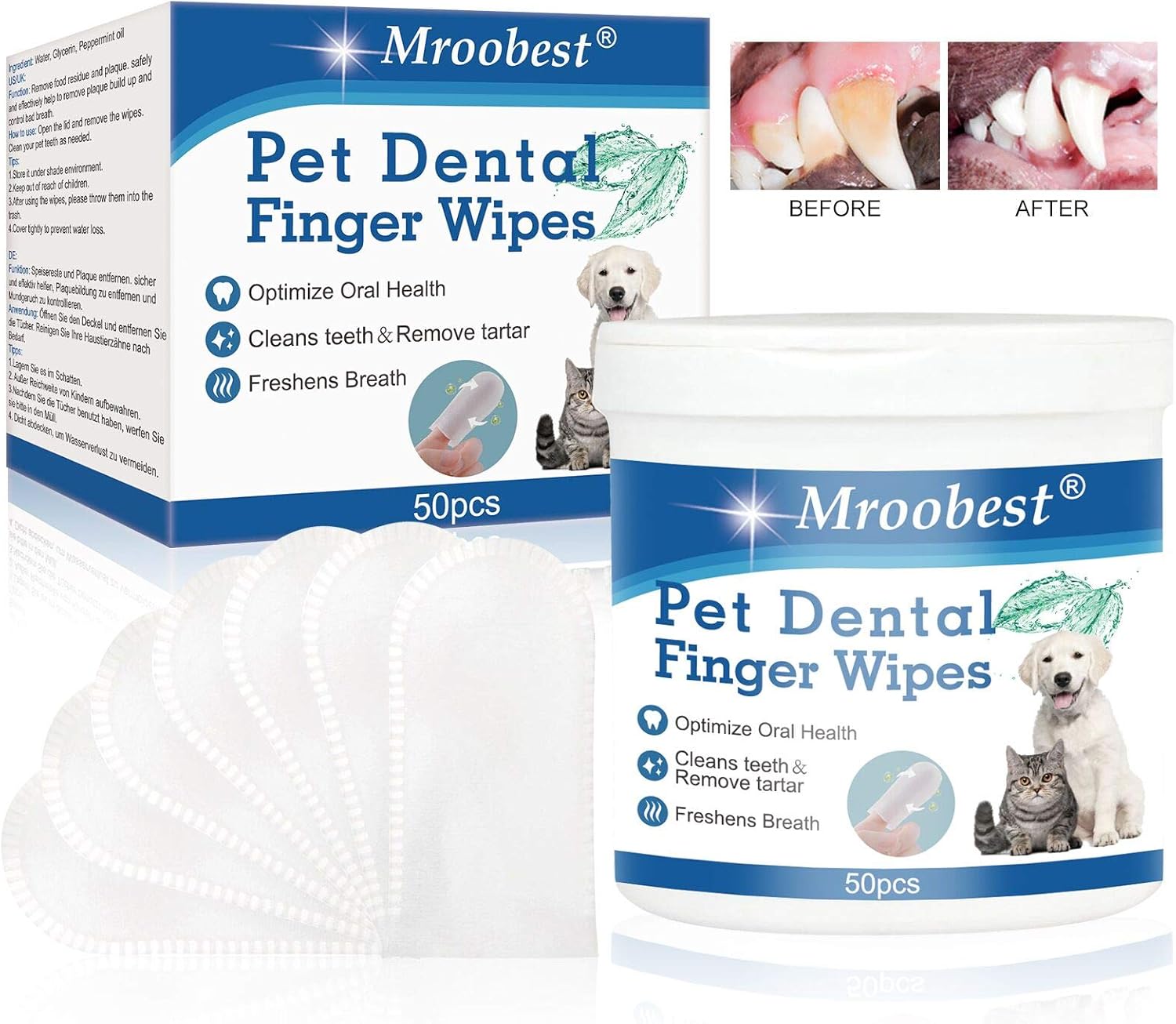 Mroobest Pet Dental Fingers Wipes, Pet Cleansing Wipes