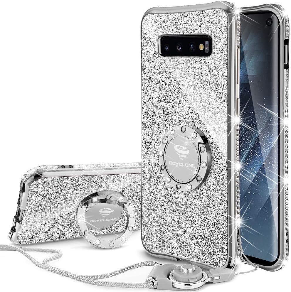 OCYCLONE Galaxy S10 Case, Glitter Luxury Cute Phone Case for Women Girls with Kickstand, Bling Diamond Rhinestone Bumper with Ring Stand Compatible with Galaxy S10 Case for Girl Women - Silver
