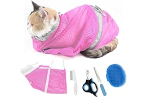 MSMUOEZ Adjustable Multifunctional Anti-Bite Shower net Bag，Cat Grooming Mesh Bag, Cat Bathing Bag，Cat Bath Brush and Cat Nail Clipper (A-Pink)
