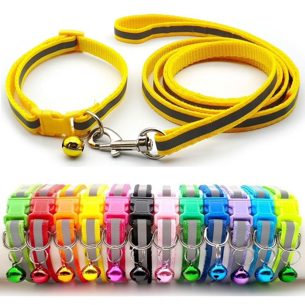 Small Dog Puppy Pet Collar and Lead Set Reflective Hi-Vis Strip Nylon Adjustable Size 19-32cm Collar with Bell and 120cm Leash Yellow