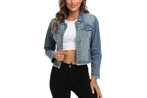 MISS MOLY Jean Jacket Women’s Frayed Washed Button Up Cropped Denim Jacket w 2 Side Pockets