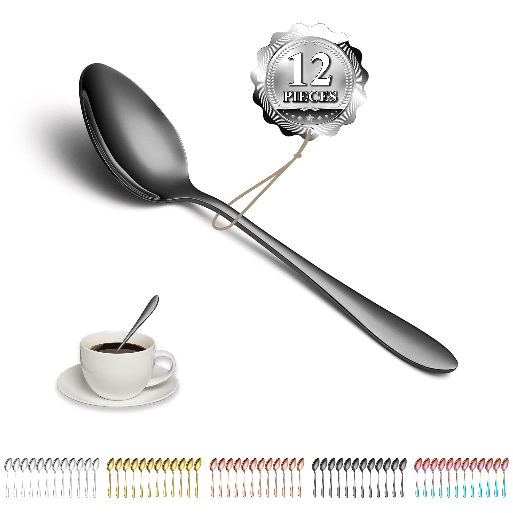 Kyraton Black Teaspoons Set of 12 Pieces, 14cm Titanium Black Plating Stainless Steel Coffee Spoons, Dessert Spoon, Small Tea Spoons, Dishwasher Safe