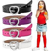 Newcotte 4 Pcs Girls Belt Size 6-12 Kids PU Leather Waist Belt Hollow Heart Design Metal Buckle for Girl Dress Pants Jeans