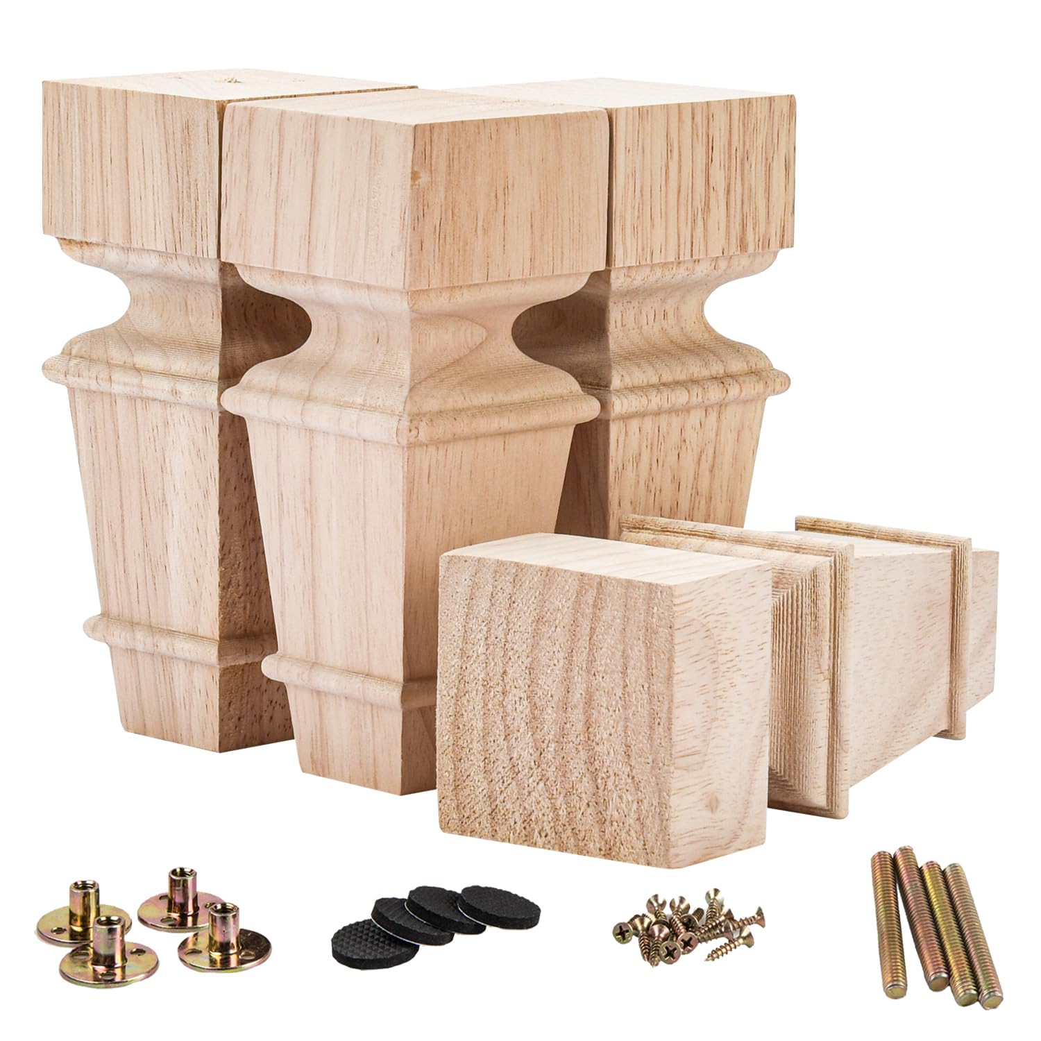 La Vane 8 inch / 20cm Wooden Furniture Legs, Set of 4 Solid Wood Carved Geometry Unfinished Replacement Bun Feet with Mounting Plate & Screws for Sofa Cabinet Couch Table TV Stand
