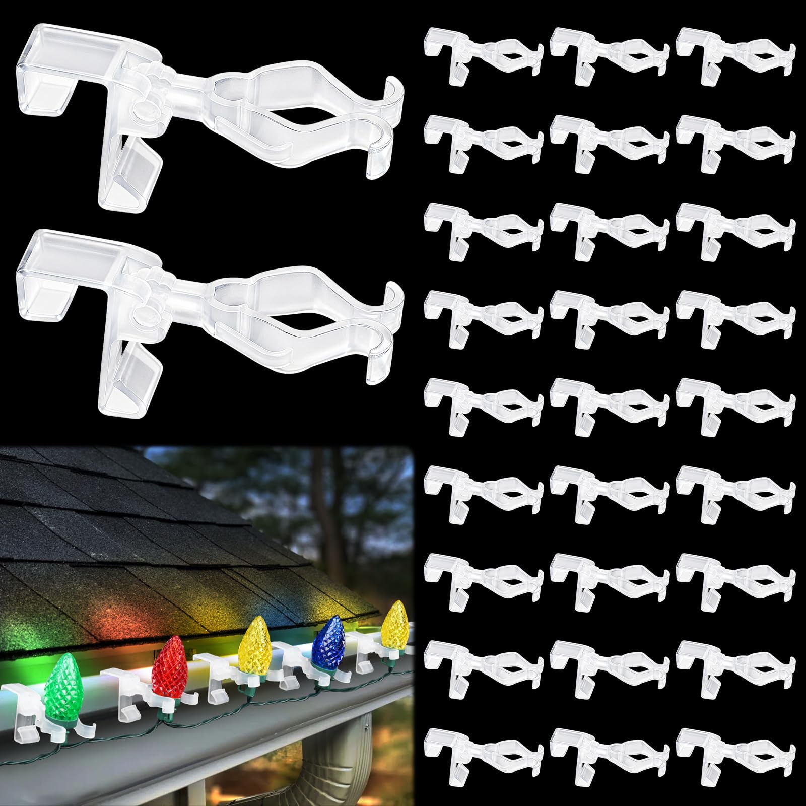 Photo 1 of 100pcs Gutter Clips for C7 C9 Christmas Lights, Plastic Christmas Light Clips for Hanging Outdoor String Lights, Roof Gutter Hooks for Xmas Halloween Holiday Décor
