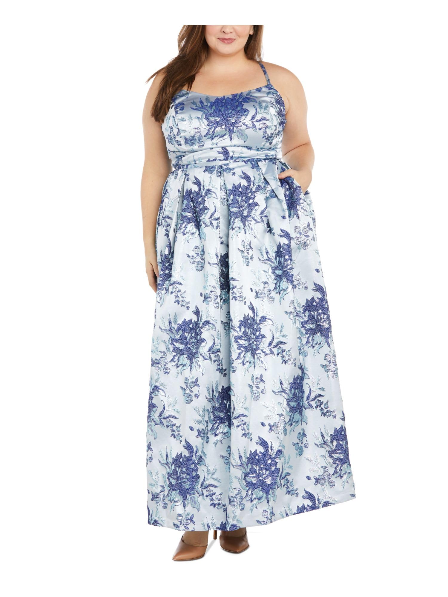 Photo 1 of ***FACTORY SEALED***Juniors Long Floral Brocade Ball Gown W/Spaghetti Straps & Cut Out Back Blue ***SIZE 16W***