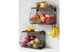Goozii Hanging Wall Fruit Basket for Kitchen Counter 2 Pack, Stackable Wire Baskets for Organizing with Wood Lid, Potato and 