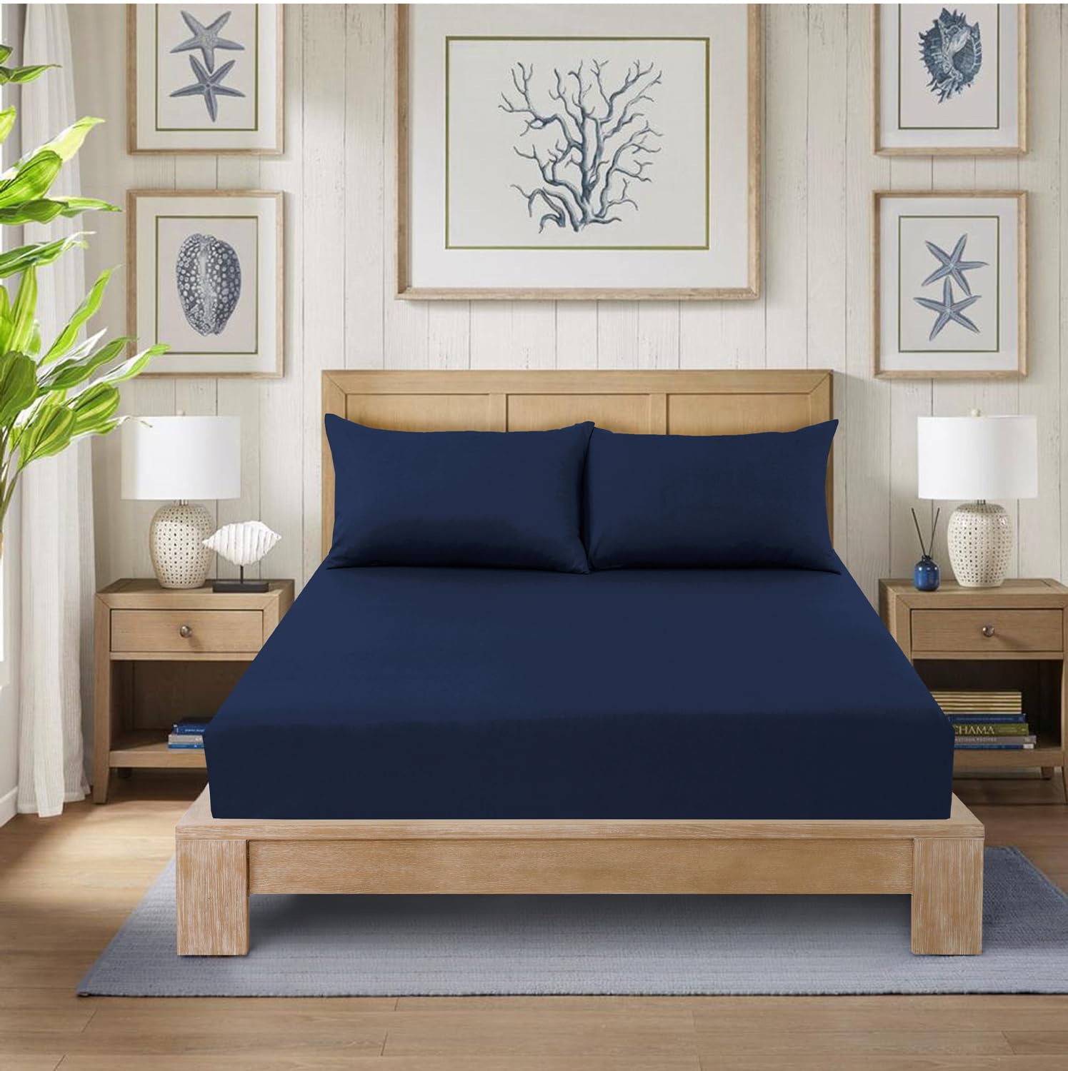 CHARKHAH Polycotton Fitted Sheet for Single Double King Super King Bed 200 Thread Count Anti Wrinkle Plain Bedding 25 cm Extra Deep Fitted Sheets Cover with Elastic Edges (Navy-Blue, Super King)