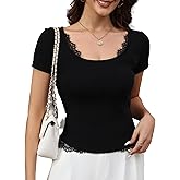 Womens Sexy Lace Tops Ribbed Knit Top for Women U-Neck Summer Tops Y2k Trendy Slim Fit Short Sleeve Shirts