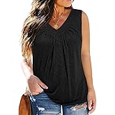 Eytino Plus Size Tank Tops for Women Summer V Neck Pleated Front Loose Casual Sleeveless Shirts Blouse(1X-5X)
