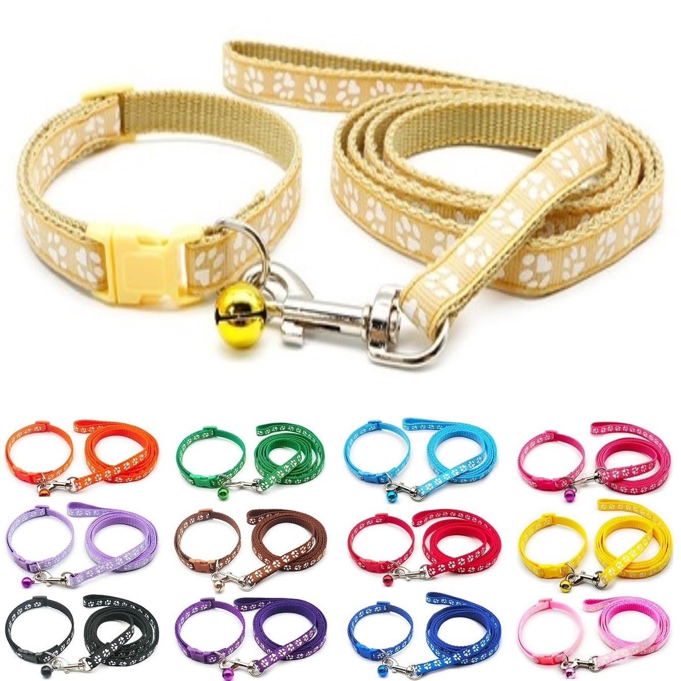 Small Dog Puppy Pet Collar and Lead Set Pawprint Design Nylon Adjustable Size 19-32cm Collar with Bell and 120cm Leash Khaki Beige — image 1