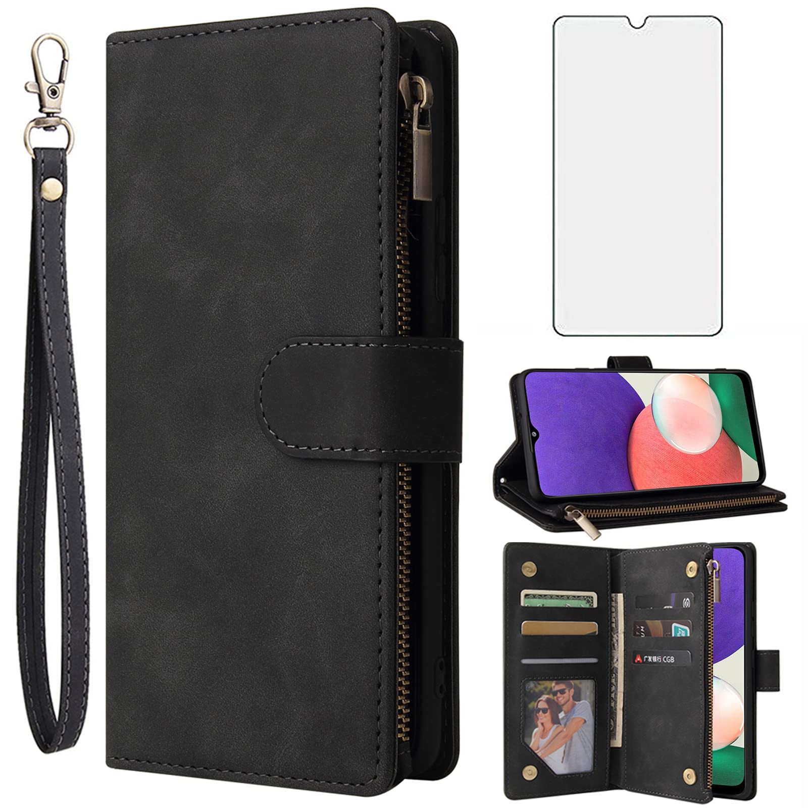 Asuwish Compatible with Samsung Galaxy A22 5G Wallet Case Tempered Glass Screen Protector and Leather Flip Cover Card Holder Stand Cell Phone Cases for Glaxay A22S A 22 Gaxaly 22A S22 Women Men Black