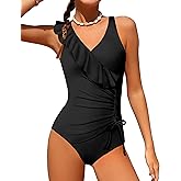 NAPU Girls Swimsuit Ruffle V Neck One Piece Swimsuits Ruched Solid Bathing Suit for Girls Quick Dry Beach Swimwear 9-16 Years