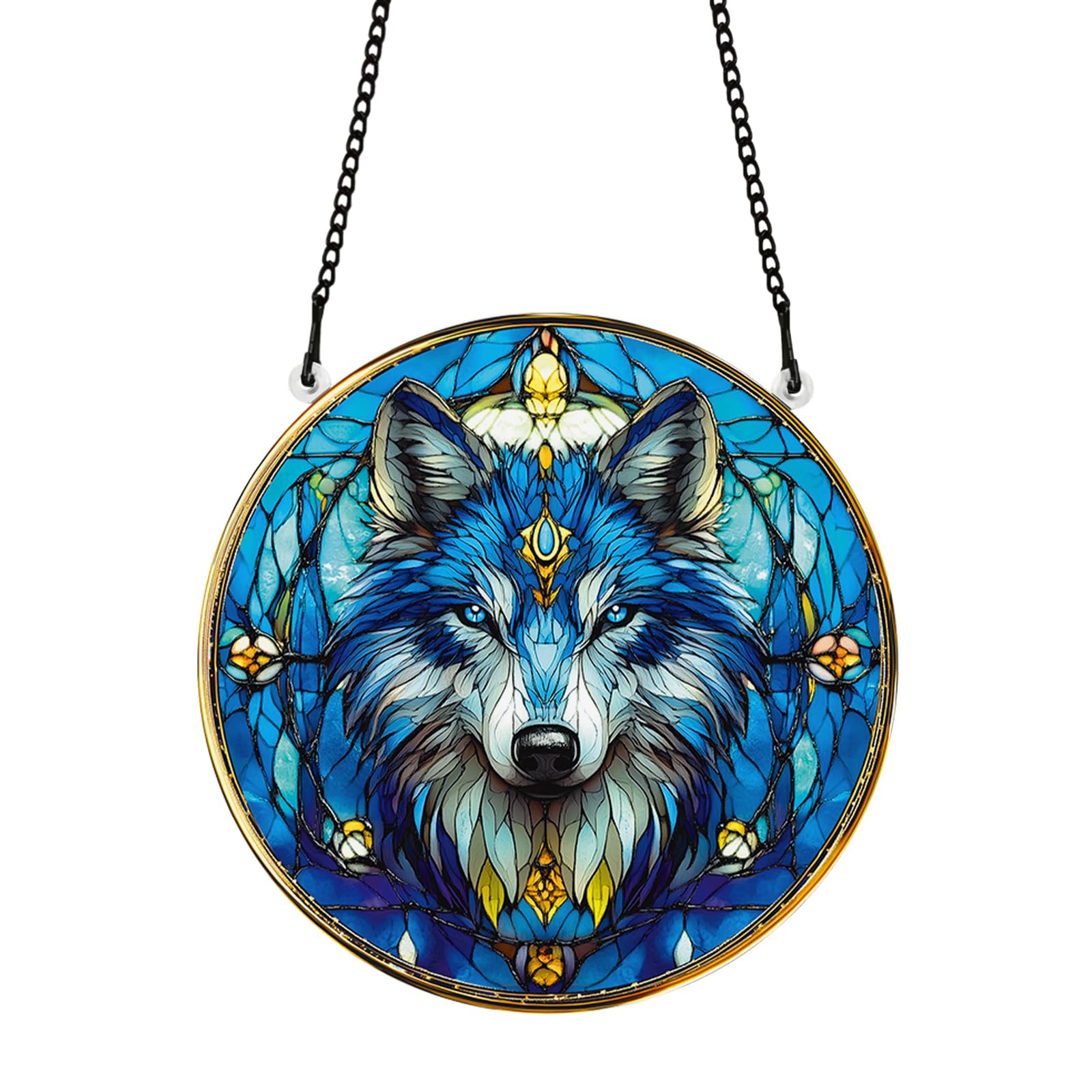 PLIGREAT Painted Wolf Head Stained Suncatcher Window Wall Art Hanging Ornament Colorful Acrylic Light Catcher Art Crafts for for Garden Bedroon Home Indoor Outdoor Hanging Decor Men Gift