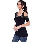 AmélieBoutik Women Slant Collar Stud Trim Summer Casual Slim Fitted Off Shoulder One Strap Tops