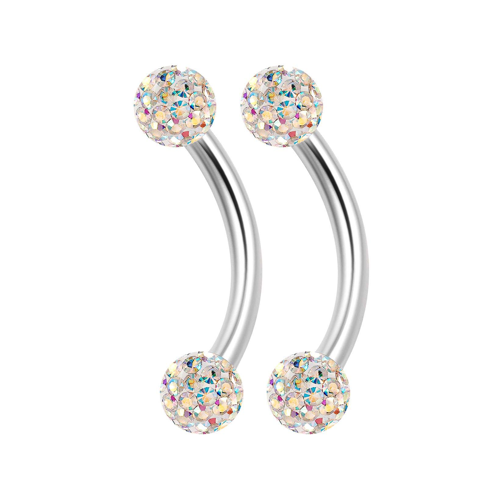KJM FASHION 2PCS Steel Curved Barbell Ring 16g 5/16 8mm 3mm Aurora Borealis Crystal Cartilage Earrings Eyebrow Piercing Jewellery 2124