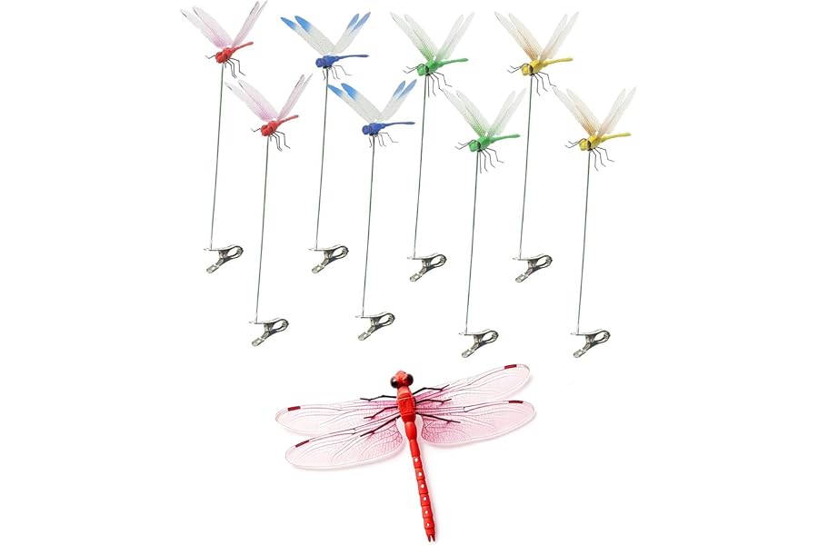 PCTC 8 Pcs Fake Dragonfly Clips 3D Outdoor Garden Stakes | 3D Realistic Design, Sturdy Clip-On & Garden Stakes, Weatherproof Plastic, Mimics Natural Predator Of Horse Flies