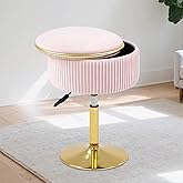 MRITWAII Adjustable Vanity Stool with Storage, 360° Swivel Makeup Stool Chair Small Velvet Round Ottoman with Gold Base for Bedroom, Pink