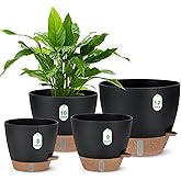 12" 10" 9" 8" Self Watering Pots with Water Level Indicator, Large Plastic Planters Set with Mesh Drainage Hole and Removable Saucer Reservoir, Big Flower Pot for Indoor Outdoor Plants (Black)
