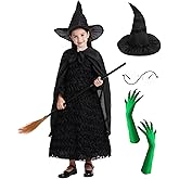 Enccfoeo Girls Witch Costume Dress, Black Textured Dress for Kids Halloween Costumes, 6 Pcs Black Witch Cosplay Outfit