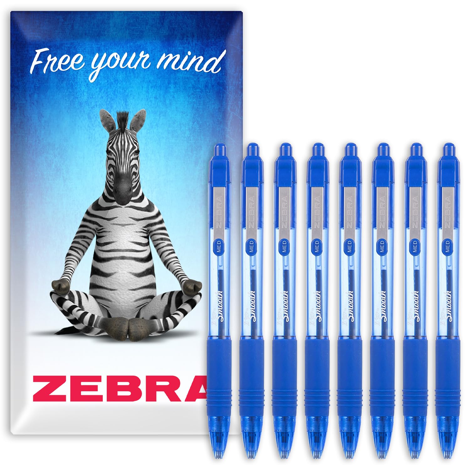 Zebra Z-Grip Smooth Retractable Ballpoint Pen - 1.0mm Nib - Pack of 8 - In Envelope Gift Packaging (Blue)