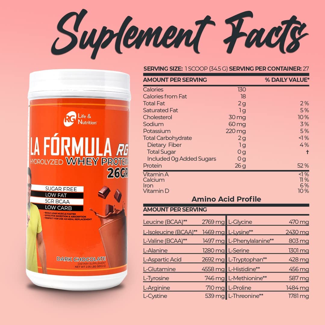 RG LIFE & NUTRITION La Formula - Hydrolyzed Whey Protein Powder with BCAA, 2.05 Lb + Fat Burner, 120 Capsules. + Shaker Bottle, 16 Oz