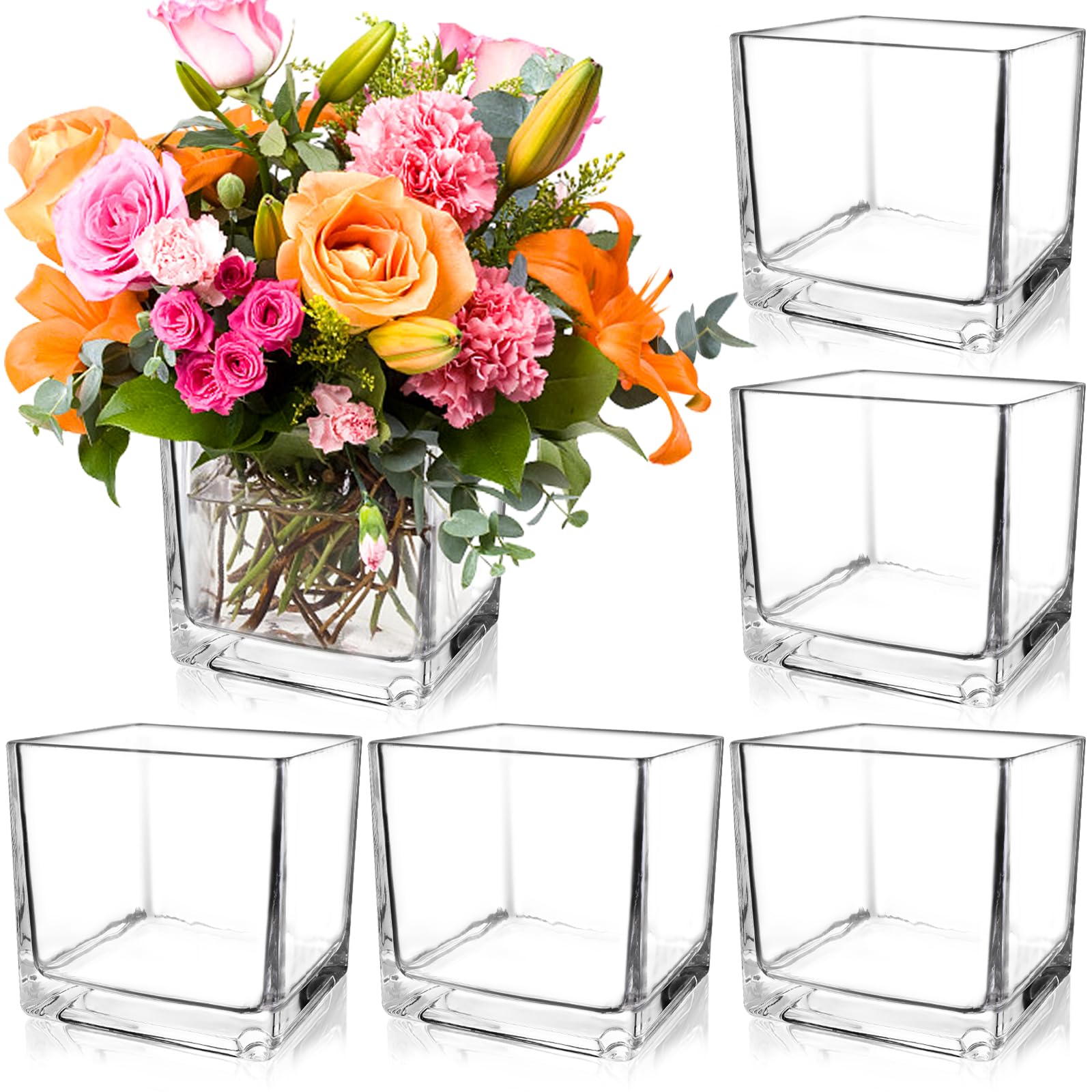 Photo 1 of PINIWON 6 Pack Square Glass Vases 5 x 5 x 5 Inch, Clear Cube Flower Vases for Centerpieces, Candle Holders for Wedding Party Home Decor