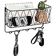 OROPY Entryway Mail Holder with Key Hooks, 11.0" L×2.6" W×5.1" H, Wall Mounted Matte Black Metal Wire Mesh Storage Basket with 5 Hooks, Easy to Organize Letters, Magazines, Keys, Leashes for Entryway