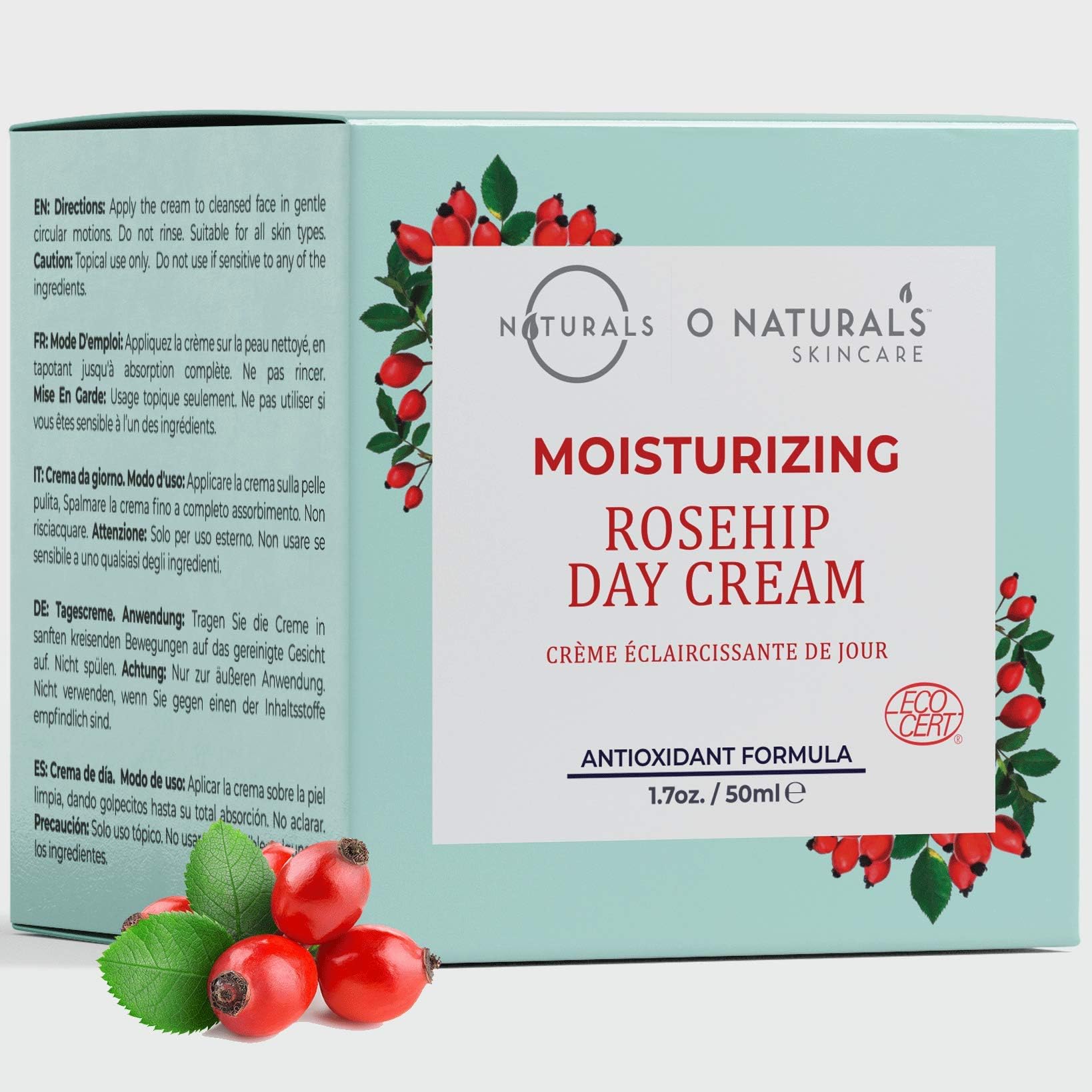 O Naturals Brightening Day Cream ECOCERT Certified Organic – Made with Rosehip Oil + Argan Oil. Fast Absorbing Antioxidant Formula to Repair Skin & Reduce Signs of Aging, Wrinkles & Fine Lines. 1.7 Oz
