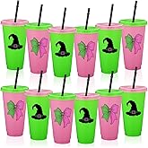 Pickmesh 12 Pcs 24 oz Green and Pink Witch Plastic Cups with Lids and Straws Bulk Gift Reusable Coffee Cups Coffee Tumbler Decoration Birthday Wedding Baby Shower Party Supply