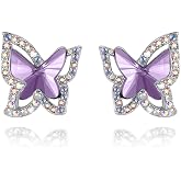 GEMMANCE Butterfly Stud Earrings, Birthstone Crystal, for Women, Silver Tone Jewelry, Anniversary Birthday Gift for Her, Wife &amp; Mom