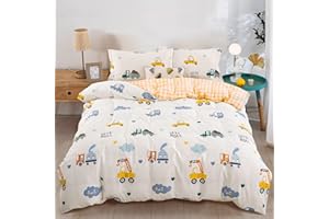 DJY Kids Duvet Cover Set Twin, Cotton Cartoon Car Truck Bedding Set for Boys Girls, 2 Pieces Soft Breathable White Yellow Plaid Reversible Comforter Cover Set (1 Duvet Cover+1 Pillowcase)