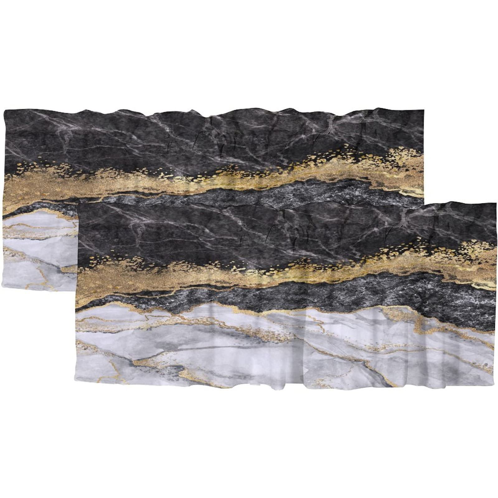 Photo 1 of Curtain Valance for Kitchen Windows Black And White Marble Print Valance Curtains for Bathroom Bedroom Cafe Living Room Gold Abstract Art Rod Pocket Decor Short Window Curtain 2 Panel, 54x18 Inch