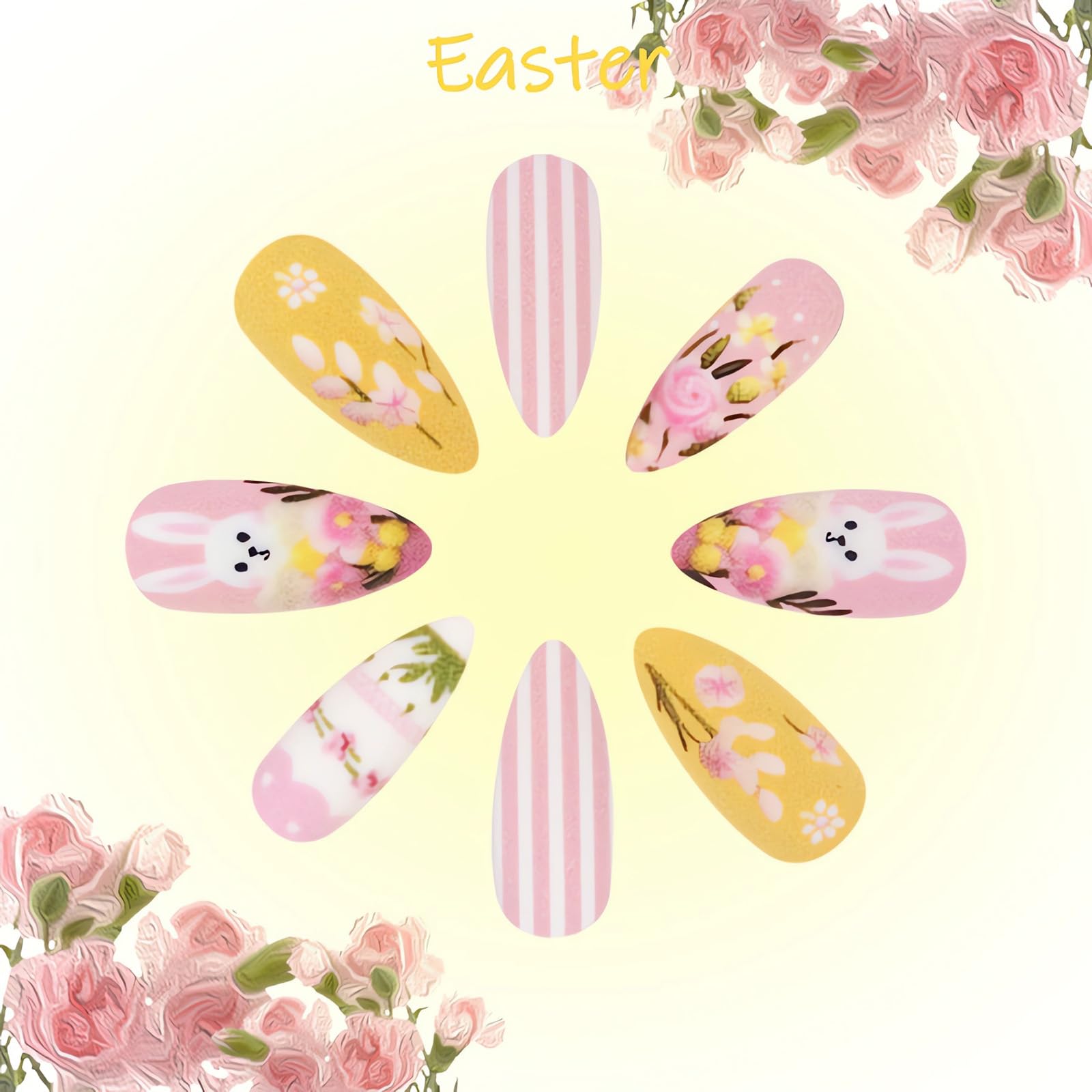 Easter Press on Nails Almond Medium Fake Nails with Cute Bunny Flower Designs Spring Acrylic Glue on Nails Easter Day Manicure False Nails Cute Stick on Nails for Women Nail Art Decoration 24Pcs - Image 3