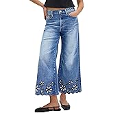 Flamingals Women's Floral Embroidery Wide Leg Jeans Mid Rise Strechy Casual Trendy Denim Cropped Pants