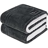 Sealy Heated Blanket Throw with Built-in Button Controller, Reversible Flannel to Sherpa Electric Blanket with 2-10 Hours Auto-Off & 4 Heating Levels, Over-Heat Protection, 50x60 inch, Charcoal