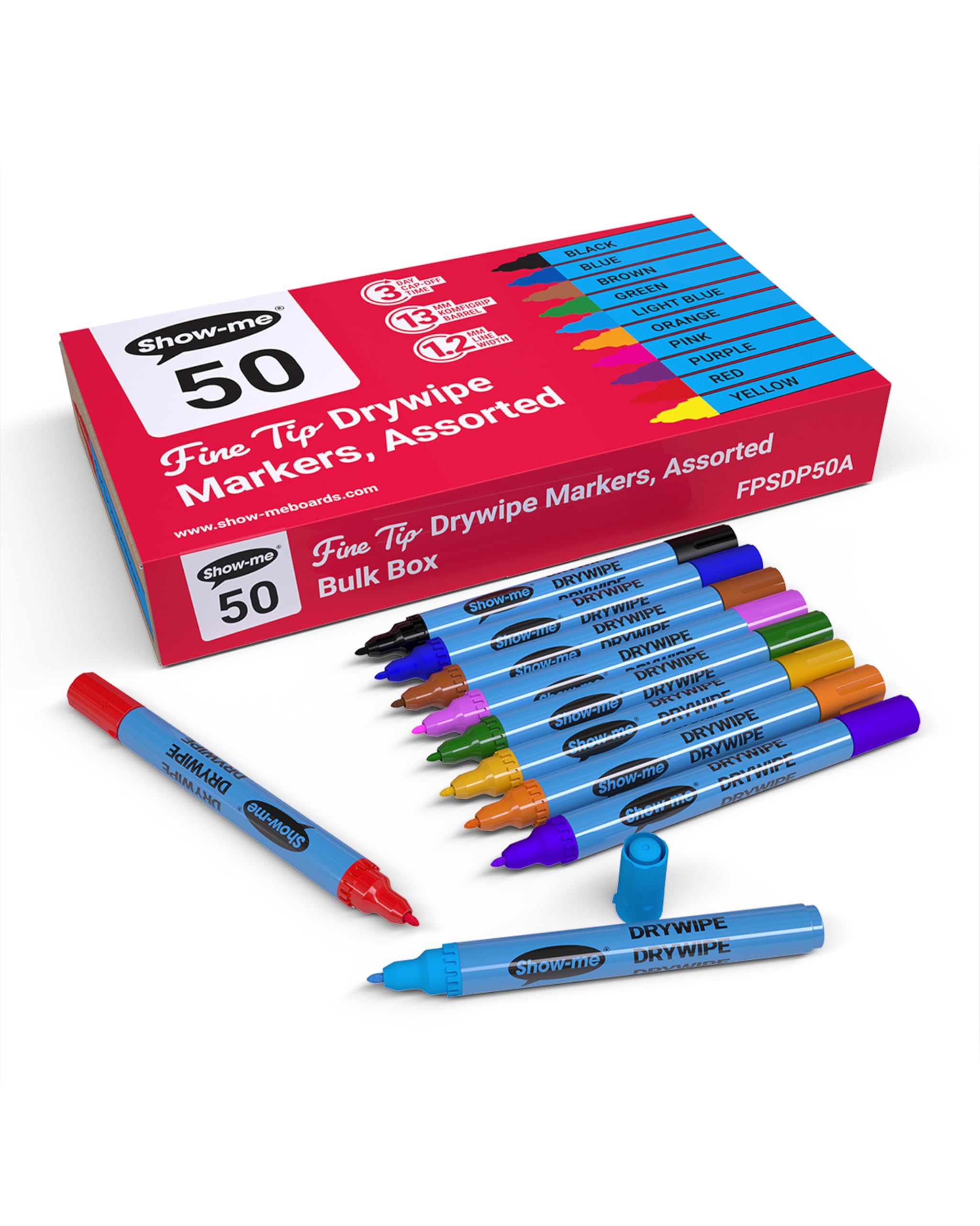 SHOW-ME - Whiteboard Markers | Drywipe, Erasable Fine Tip 1.2mm Line in Assorted Colours | Classroom Board Writing Pens with 3-Day Cap-off, Box of 50
