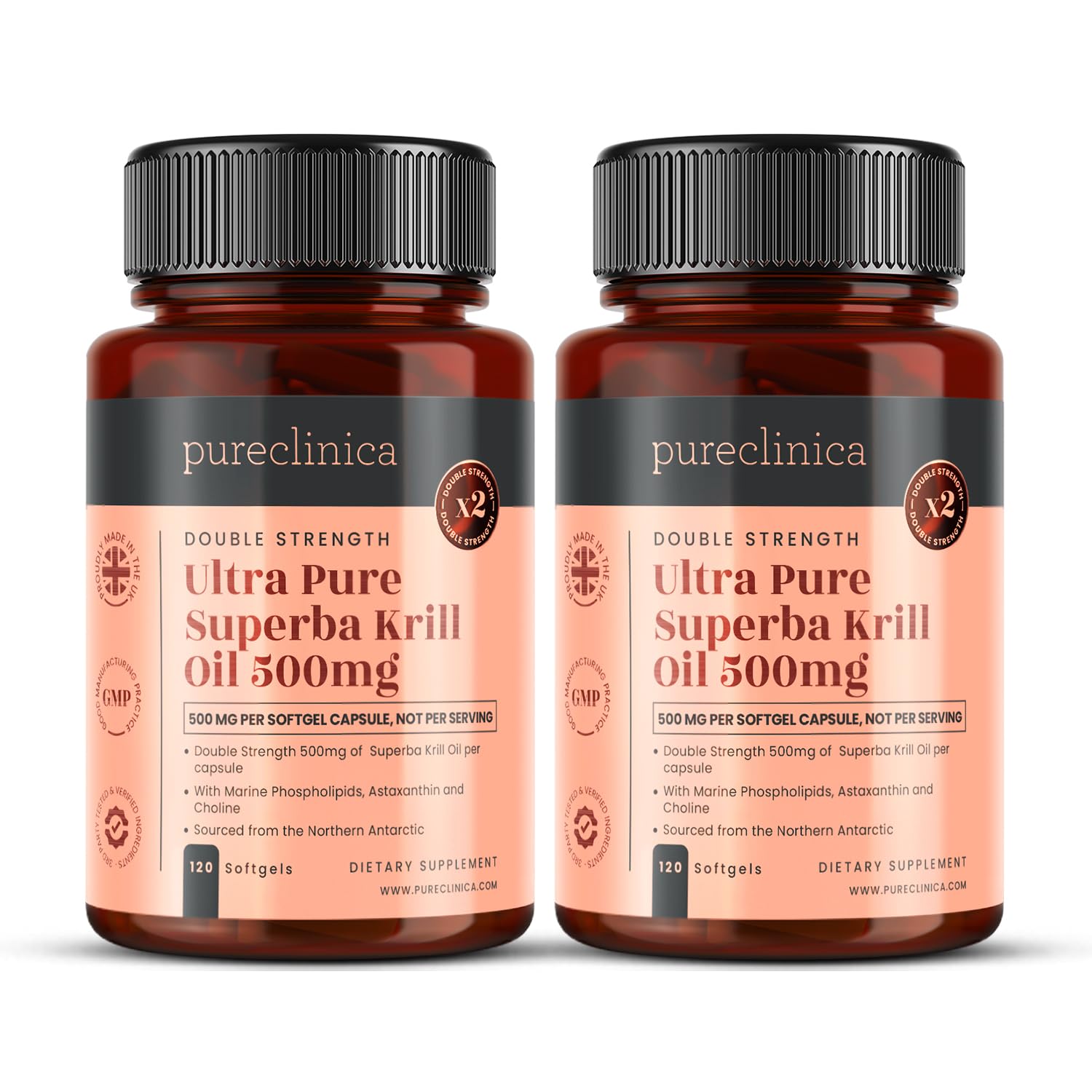Ultra Pure Superba Krill Oil 500mg x 240 Capsules (2 Bottles) - sourced in the unpolluted Waters of the Antarctic. Providing a Rich Supply of Astaxanthin and Omega 3