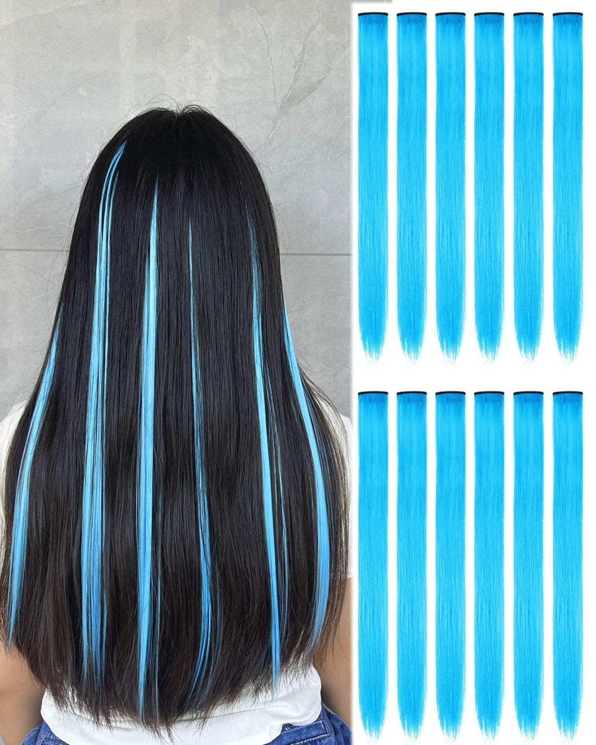 Photo 1 of 22 Inch Colored Hair extension 12 Pcs Sky Blue Clip in Hair Extension for Women Girls Kids Synthetic Highlight Hair Piece for Party Halloween