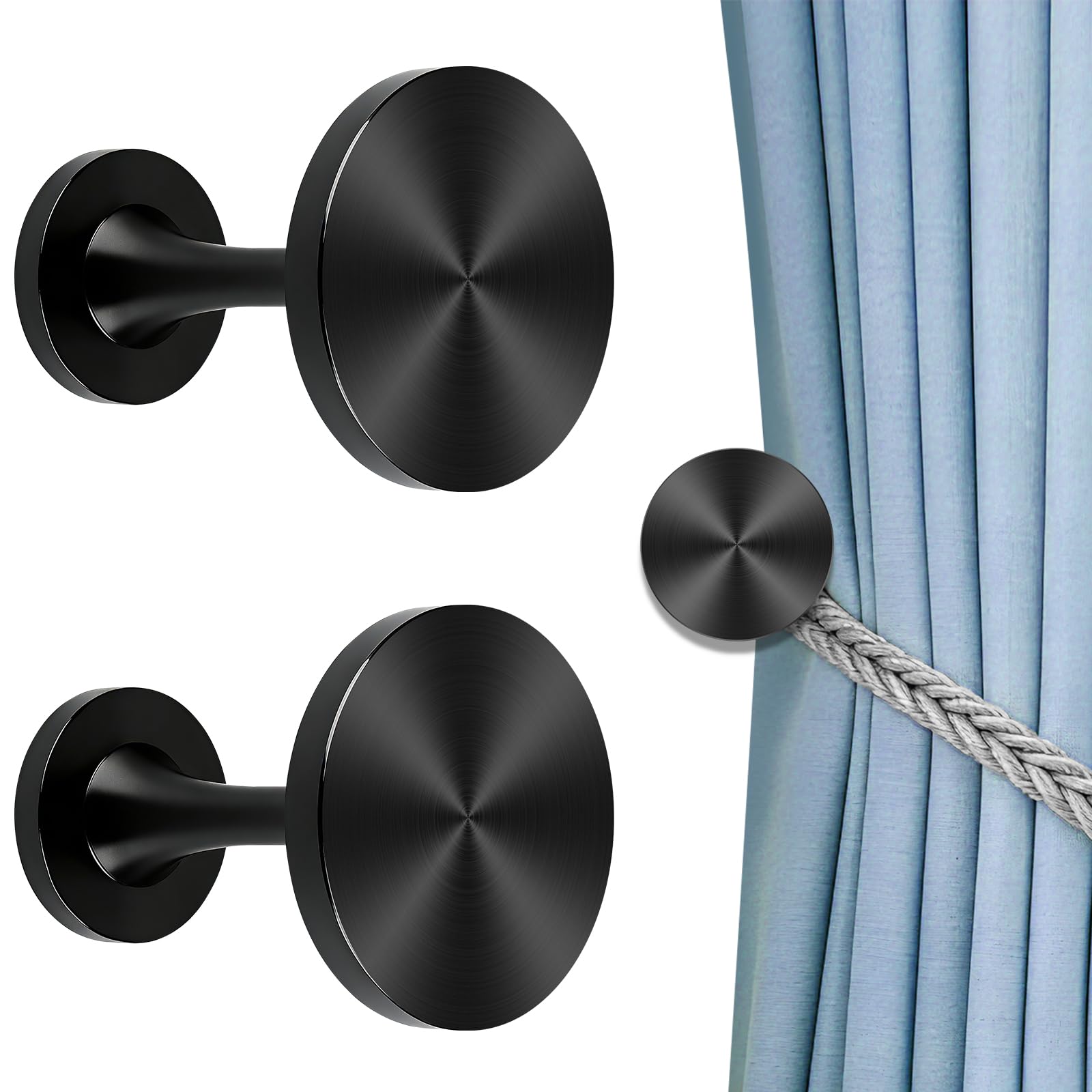 KOLAKO Curtain Holdbacks, Metal Curtain Tie Backs Hooks Wall Mounted Round Medallion Decorative Antique Window Drapery Holder Hangers, Curtains Hold Backs Pair, Black