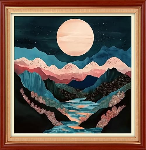 Foxhool Stamped Cross Stitch Kits,11CT Printed Cross Stitch Pattern Full Embroidery Kits for Beginner Needlepoint Kits& Mountains, Rivers, Moon 18x18 inch