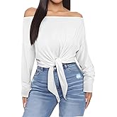 LovelyWholesale Womens Off The Shoulder Tops Tie Front Cropped Sexy Long Sleeve Shirts