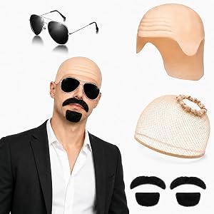 ILYGIJG Bald Cap Costume Set, Realistic Silicone Bald Head Wig with Aviator Sunglasses, Fake Mustache, 5PCS Halloween Cosplay