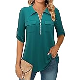 Bulotus Women's 3/4 Sleeve Collared Blouses Business Casual Tops Zip Front V Neck Work Shirts Loose Fit Tunic Tops