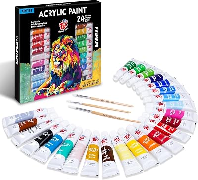 Acrylfarben Set, Satz von 24 farbe 12ml Tuben, Grundlegende und Metallische Farben, Wasserfest und Lichtecht, Schnell Trocknend, für DIY Stein, Keramik, Holz, Papier
