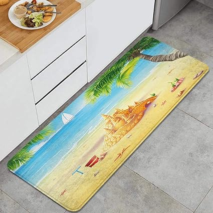 Amazon Ecomaomi キッチンマット 洗える 45 1cm ヤシの木の貝殻と砂の城と海岸のビーチイラスト キッチンマット 滑り止め 柔らかく おしゃれ 台所 マット お手入れ簡単 Ecomaomi キッチンマット