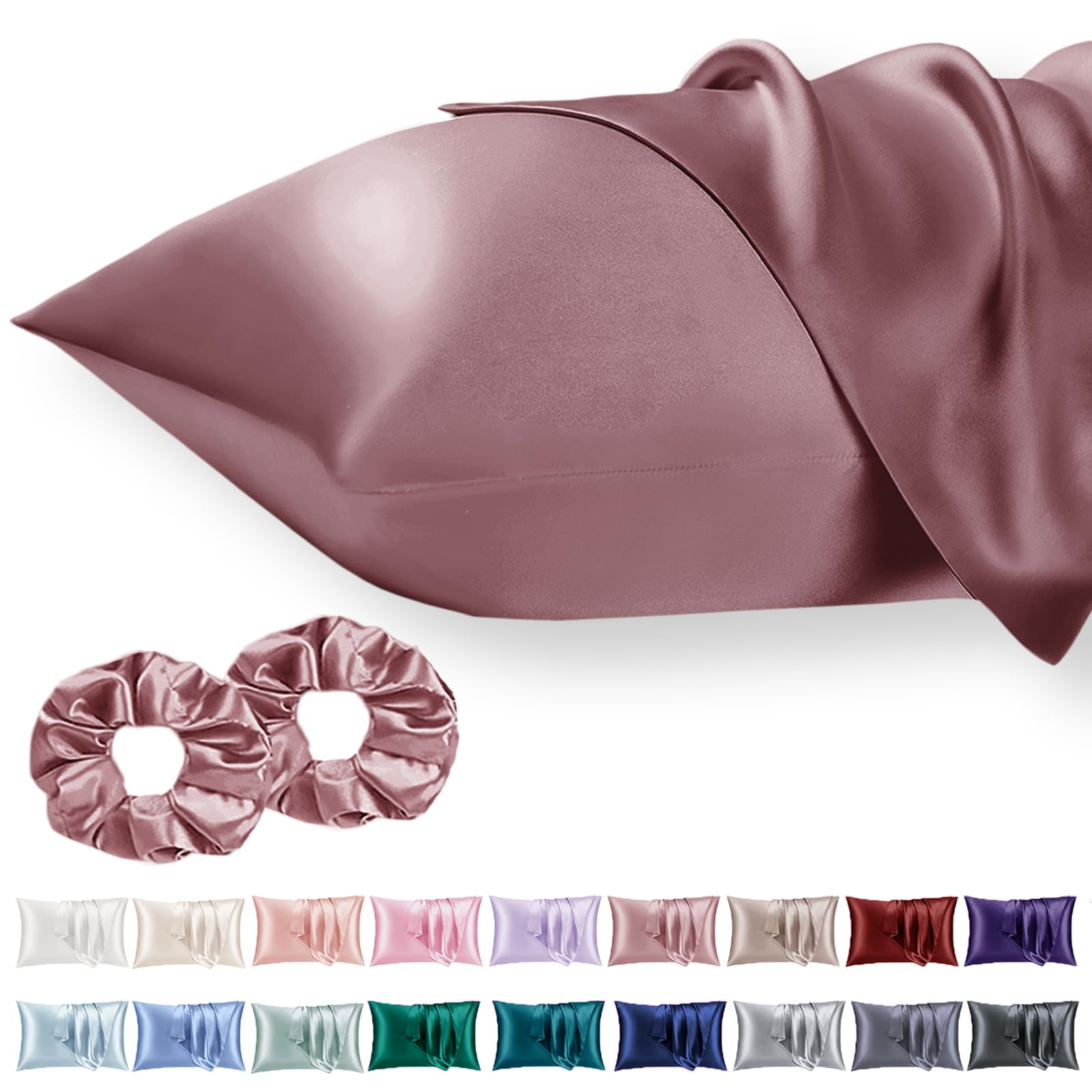 Vielit 2 Pack Satin Pillowcase for Hair and Skin Cooling,Soft as Silk Pillowcase for Hair and Skin,Easier Care than Silk Pillow Case Dusty Rose 50x75cm Gifts for Women Envelope & 2 Scrunchies