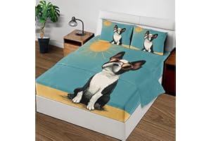 Boston Terrier Queen Sheet Set, Funny Dog 4 Piece Bed Sheets Set, Pet Puppy Animal Soft Microfiber Bedding with 16 Inch Deep 