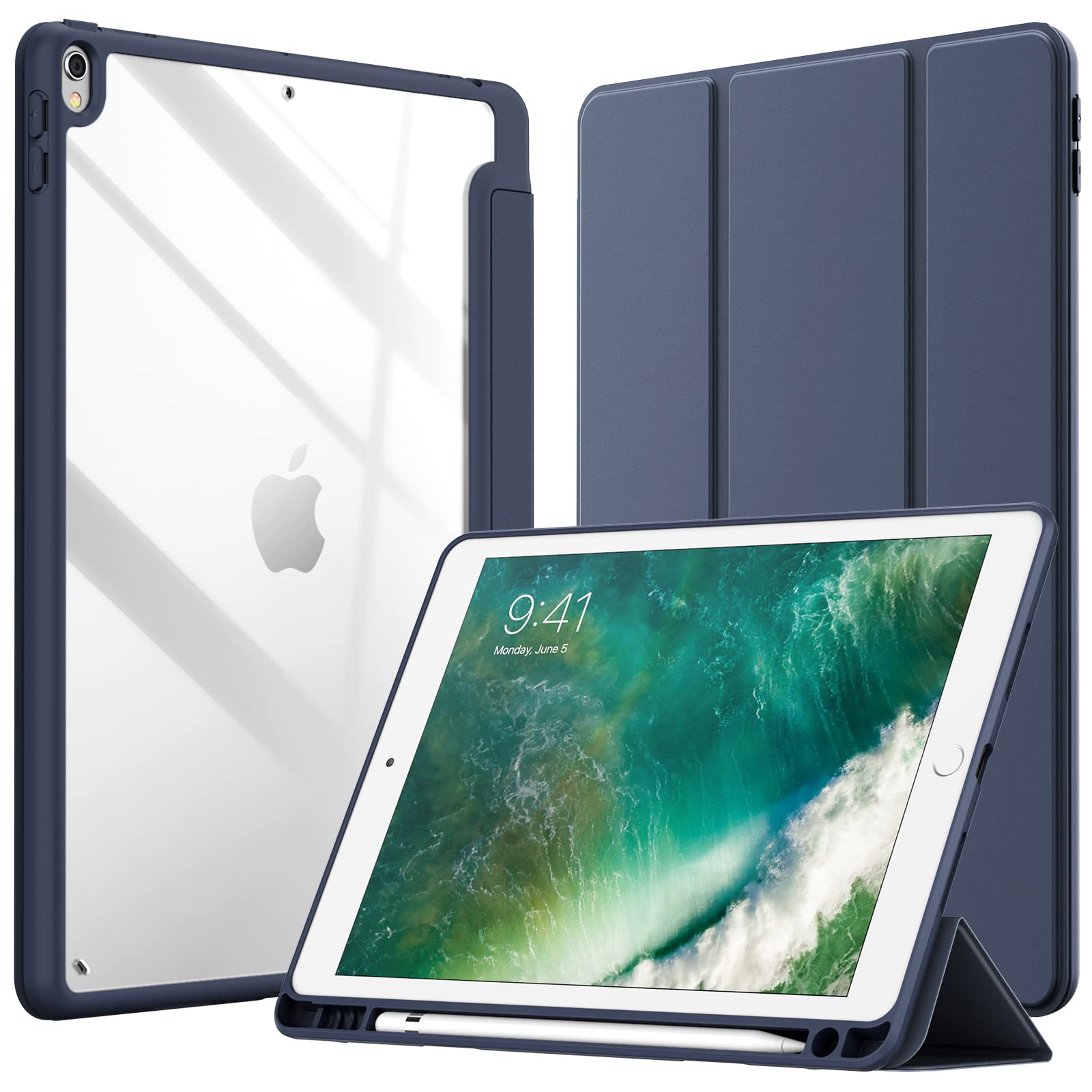 JETech Case for iPad Air 3 (10.5-Inch 2019, 3rd Generation) and iPad Pro 10.5-Inch with Pencil Holder, Clear Transparent Back Shell Slim Stand Shockproof Tablet Cover (Navy)