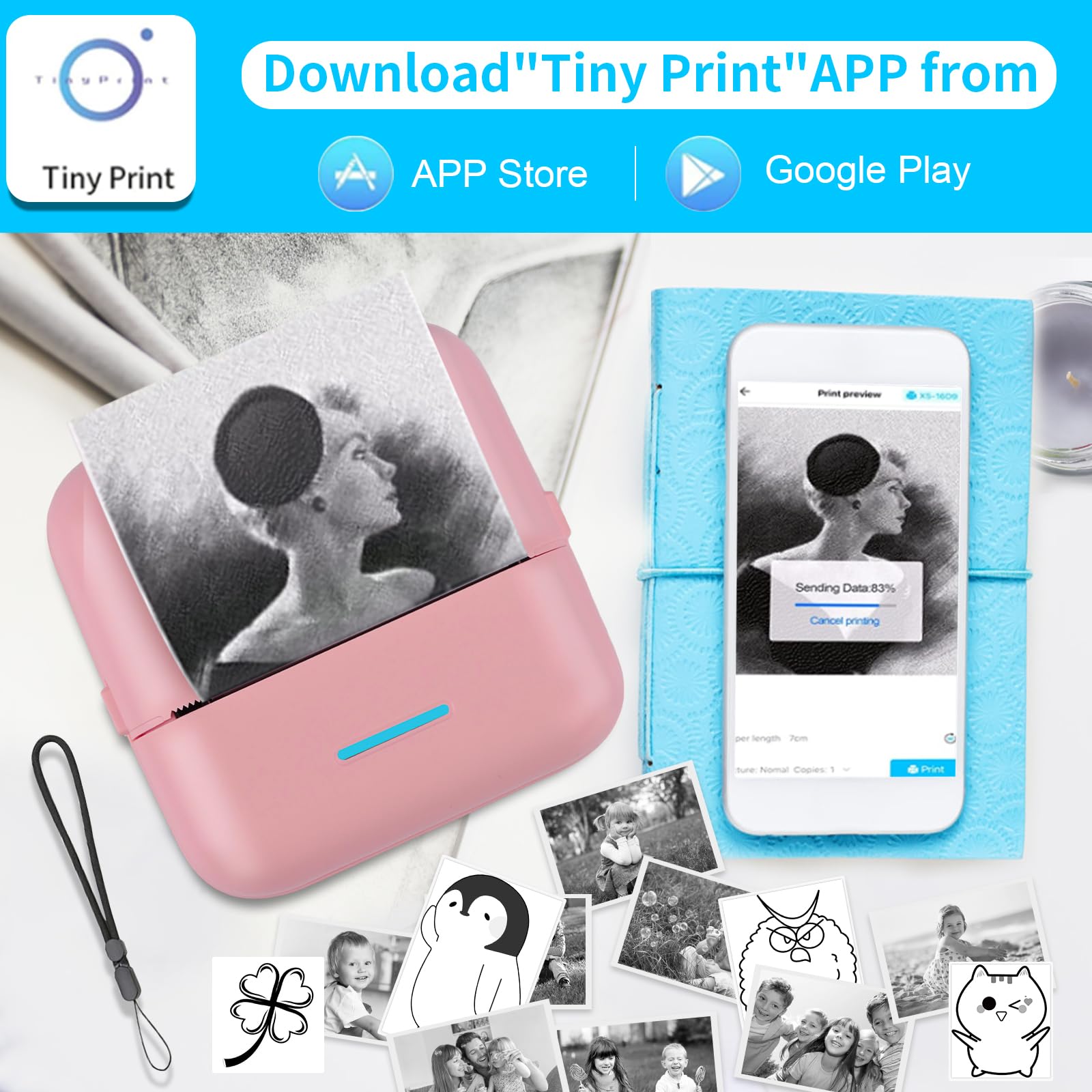 HuiJuKeJi Mini Sticker Printer Bluetooth Smart Pocket Inkless Thermal Printer with 11 Rolls Thermal Paper and Sticker for iOS&Android Print Pod, Portable Receipt Printer for Photo Journal Notes Memo